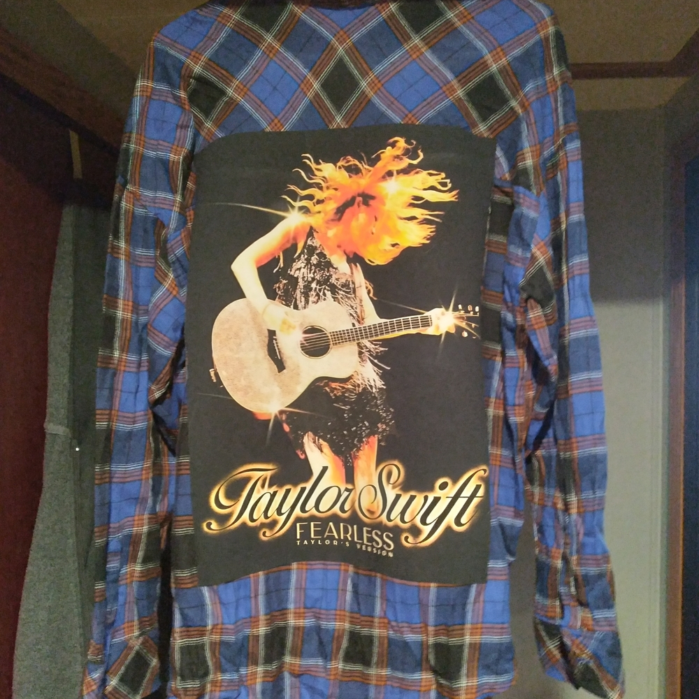 Upcycled Flannel Shirt W/ TAYLOR SWIFT FEARLESS back Patch